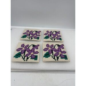 Set of 4 Vintage Needlepoint Coasters Purple Flowers Double Sided